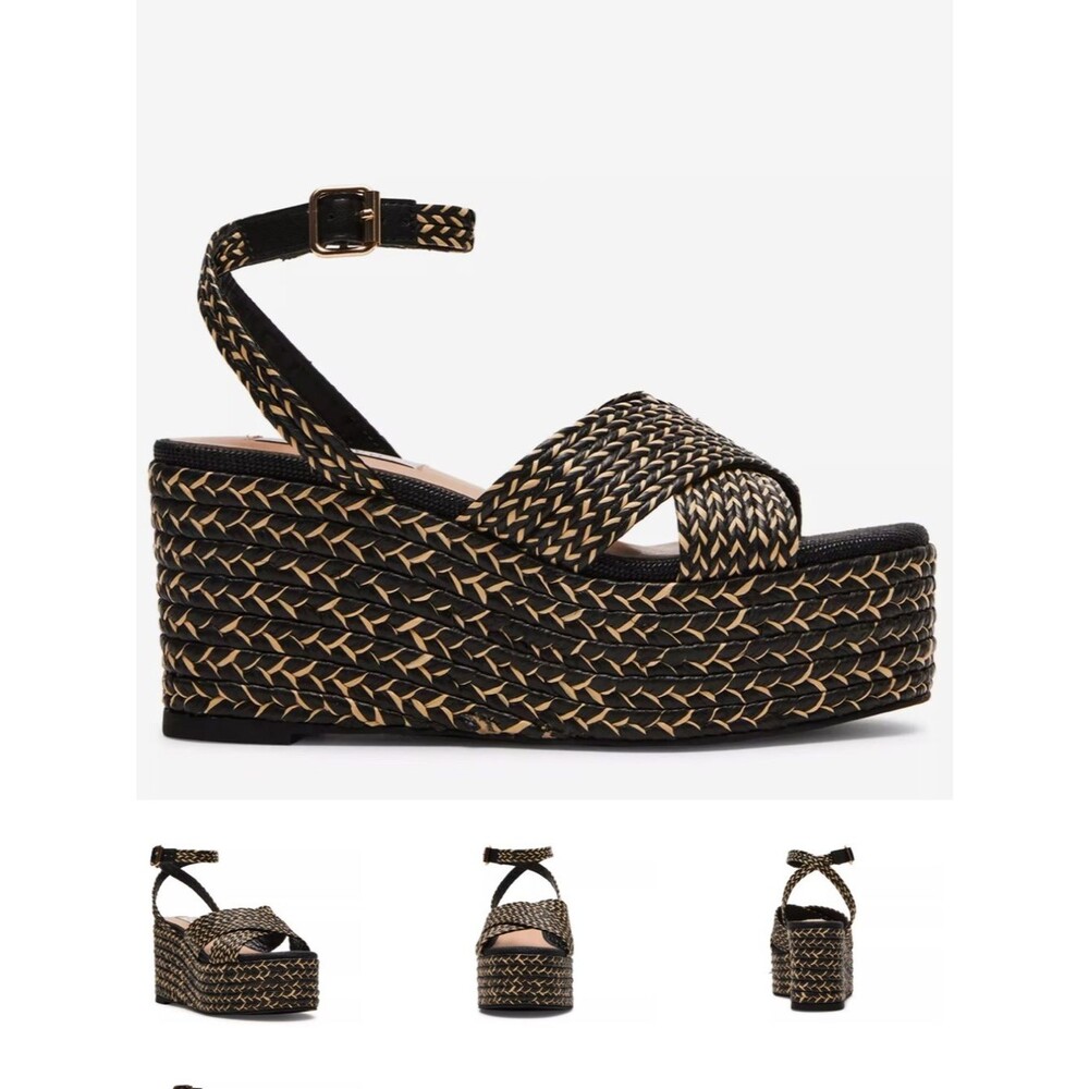 Steven women woven Black Natural tan Platform Sandals strappy resort 8.5 summer